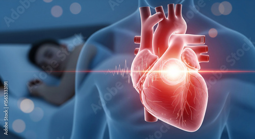 Visualization of human heart health. Image of glowing heart showing obstruction during sleep in a person lying in bed. Medical and healthcare concept.