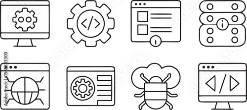 Web Development Icons, code editor, HTML, CSS, server, browser, bug, settings, cloud, database in clean black outline for UI design and tech websites
