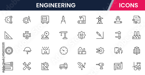 Vector illustration web line icon collection for engineering tools, blueprints, gears, and technical symbols in a precise, modern, and innovative design style.