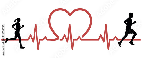 Running, Heart, Healthy Heart. Medical and Health Care Vector Design Templates. Healthy Heart People Running with a Cardiogram. running, cardio, exercise, healthy heart, fitness, wellness, woman, man,