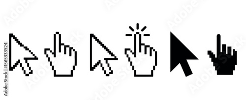 vector set of cursors. pointer, pixel, Color full Clicking mouse cursors, computer finger pointers set. classic pixelated computer mouse cursors, including the standard arrow, hand, and click