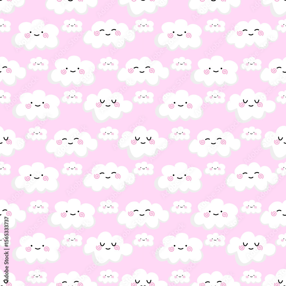 Fototapeta premium Cute smiling clouds on a pink background.
