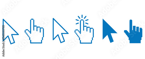 vector set of cursors. pointer, pixel, Color full Clicking mouse cursors, computer finger pointers set. classic pixelated computer mouse cursors, including the standard arrow, hand, and click