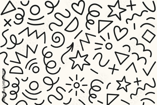Hand Drawn Doodle Pattern with Geometric Shapes and Lines in Black and White for Backgrounds and Designs with a Fun Playful Aesthetic