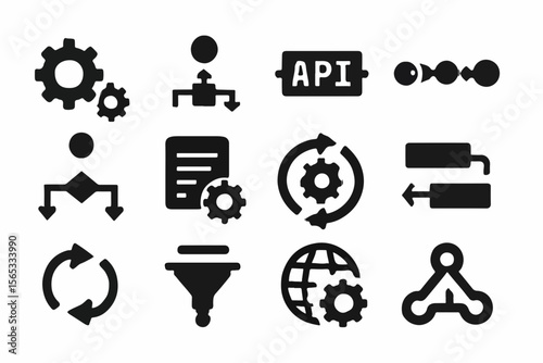 Collection of Black and White Technical Icons Representing API Data Flow Settings and Global Configuration for Software and Application Development