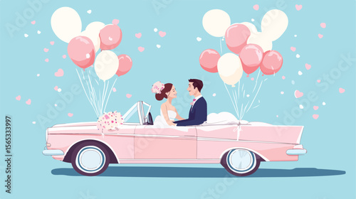 Bride and Groom in Convertible Car with Balloon