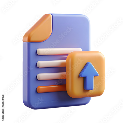 Photo of a 3d rendering of a document upload icon, isolated on transparent background