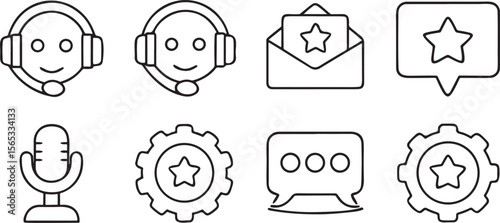 Customer Support Icons, headset, chat bubble, FAQ, rating, feedback, email, agent, editable black line vector for support, communication, helpdesk design