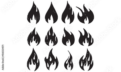 Crayon drawn fire flames icons collection. Hand drawn doodle flames stickers. 
