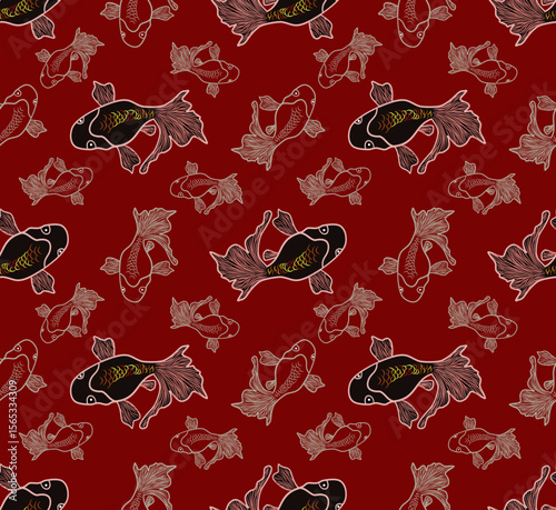 Colorful koi fish pattern on red background
