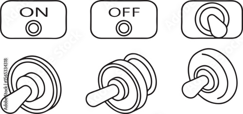 Toggle Switch Icons, ON OFF buttons, flat design with red, green, grey, white colors, clean UI symbols for app interface, settings, tech dashboard