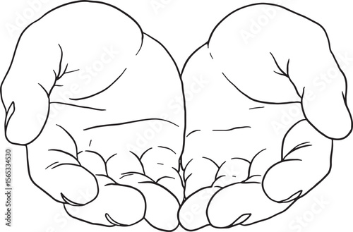 Vector outline illustration of two cupped hands, palms facing up, forming a receiving or giving gesture. Ideal for concepts of offering, charity, care, holding, or protection.