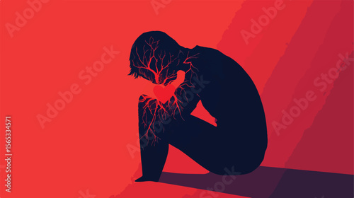 Flat Vector Illustration of Broken Heart and Depression