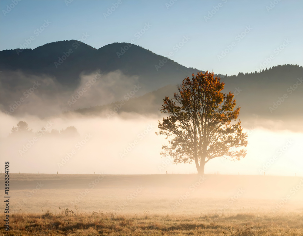 Solitary Tree in Foggy Autumn Field at Sunrise Solitary Tree in Foggy Autumn Field at Sunrise