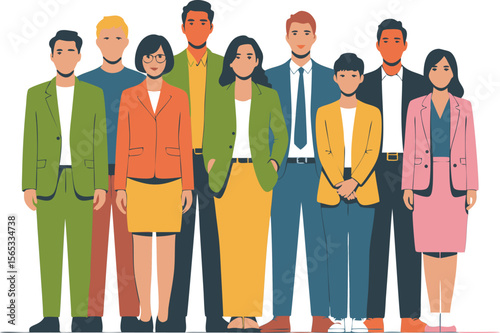 Diverse Group of Professionals Standing Together in Colorful Business Suits Illustration
