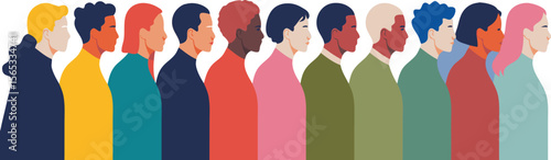 Diverse Group of People Standing Side by Side in Profile with Colorful Clothing and Hair