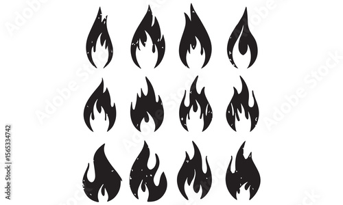 Crayon drawn fire flames icons collection. Hand drawn doodle flames stickers. 