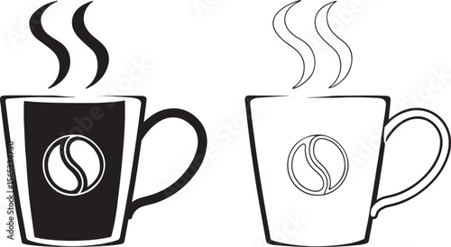 Coffee Cup Icons, two line art mugs with steam, one black and one white, side by side, minimalist vector for café, coffee shop, beverage branding