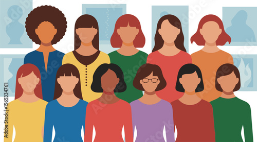 Diverse Group of Women Illustration Colorful Shirts, Varied Hairstyles, Faceless Portraits Background