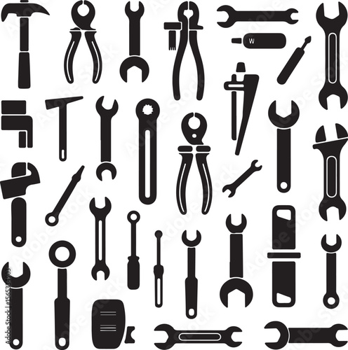 Black Silhouette Toolbox Icons Set with Various Wrenches and Tools