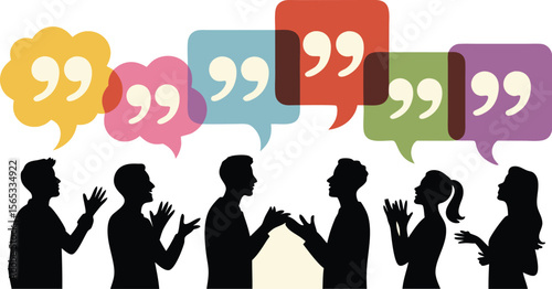 Silhouetted People Speaking Under Colorful Quote Bubbles Illustrating Communication, Discussion and Conversation Topics
