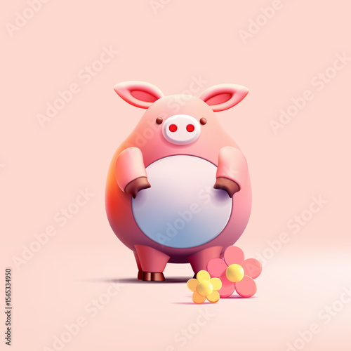 Cute pig with daisies, 3D. Cute pink pig character, for concepts of products for children, farming, and fairy tale characters. Vector illustration.
