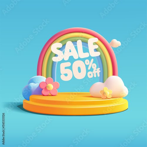 Summer sale, special offer. 3D rainbow with yellow empty podium, daisies, clouds. Cute scene for advertising and presentations of goods and products. Vector illustration.