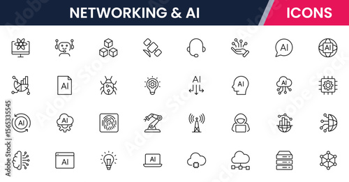 Vector illustration web line icon collection for networking & AI, connections, neural networks, data, and tech symbols in a sleek, modern, innovative design style.
