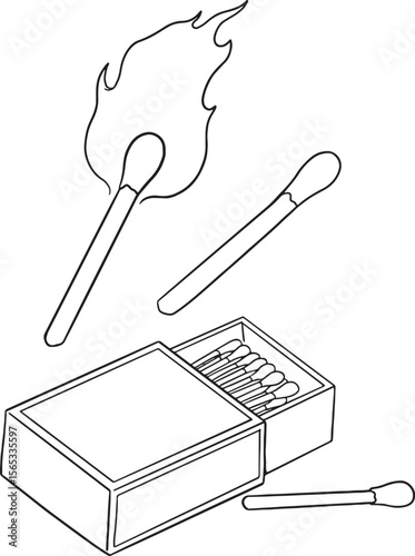 Set of vector illustrations showcasing matches. Includes a lit match with flame, unlit matches, and an open matchbox with matches inside. Perfect for fire safety, camping, or everyday use concepts.
