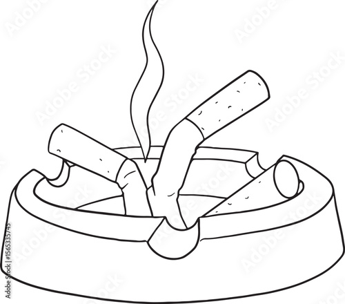 Vector drawing of an ashtray filled with cigarette butts, with smoke rising from one. Ideal for illustrating themes of smoking, addiction, health warnings, or dirty habits. Black and white outline.