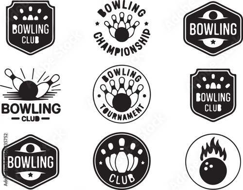 Black Bowling Club Logos and Labels with Bowling Balls and Pins