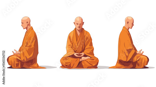 Serene Buddhism Monk in Meditation Pose - Flat Vector Illustration