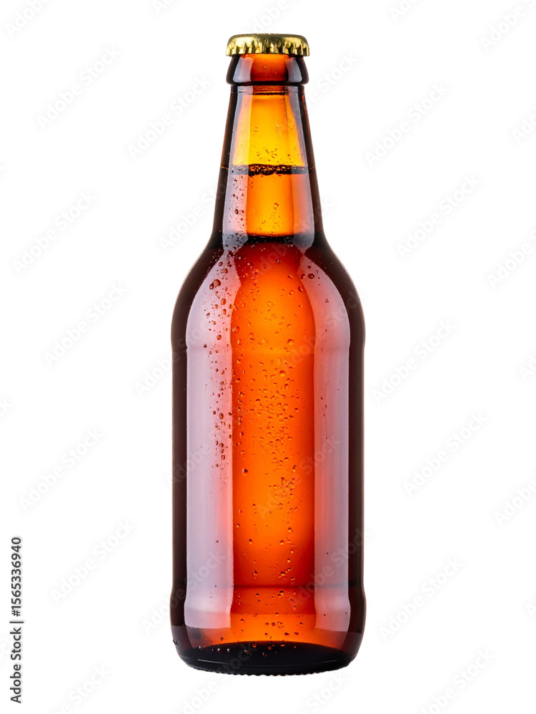 Brown beer bottle with condensation suitable for beverage advertising, summer promotions, bar and brewery graphics, party invitations, or product packaging. Brown beer bottle with condensation suitable for beverage advertising, summer promotions, bar and brewery graphics, party invitations, or product packaging.