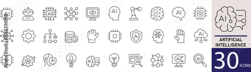 Minimal Artificial Intelligence Line Icon Set 30 Clean Outline Designs for AI, Robot, and Machine Learning Themes