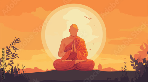 Buddhist Monk Prayer Flat Vector Illustration