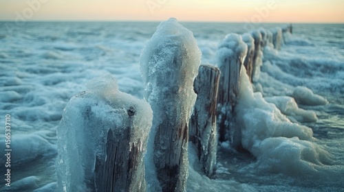 Icy wooden posts in a cold sea at sunset.