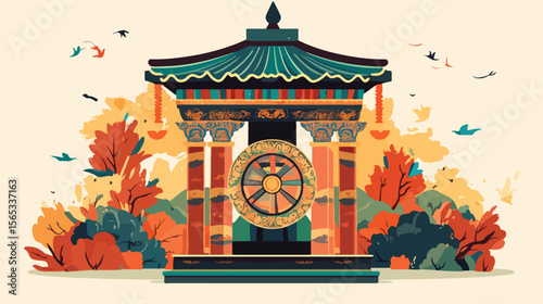 Buddhist Prayer Wheel Flat Vector Illustration