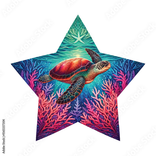  A sea turtle swimming, illustrated with vivid details and harmonious colors. The turtle is in the middle of a large star, Inside the star is an image of the ocean with seaweed