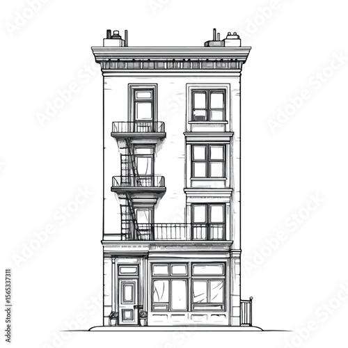 Urban Cartoon Building Vector Illustration in Black and White