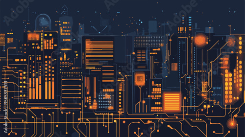 Modern Building Electronic System Silhouette Flat Vector Illustration