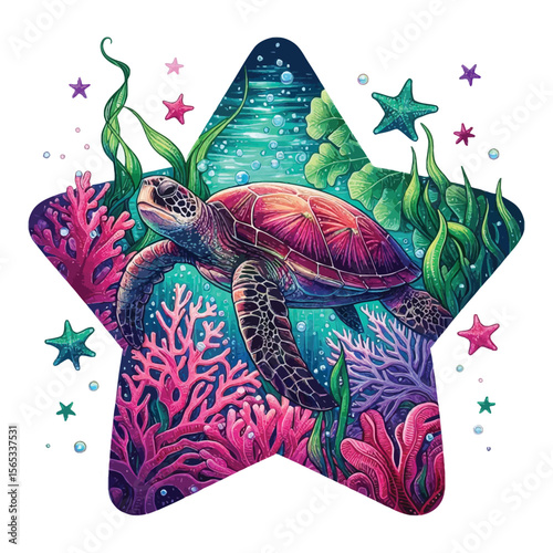  A sea turtle swimming, illustrated with vivid details and harmonious colors. The turtle is in the middle of a large star, Inside the star is an image of the ocean with seaweed