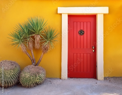 vibrant red door yellow wall plant southwestern scene
