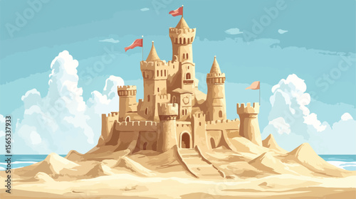 Impressive Sand Castle with Towers and Flag Vector Illustration