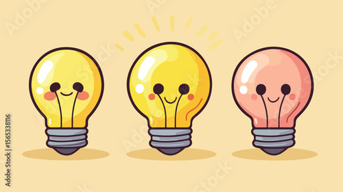 Cute Kawaii Comic Character Light Bulb Flat Vector Illustration