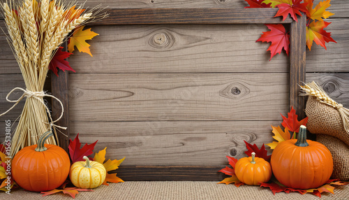 Autumn background with pumpkins, leaves, and wheat in wooden frame  
