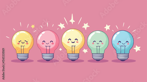 Cute Kawaii Style Flat Vector Illustration of Light Bulb