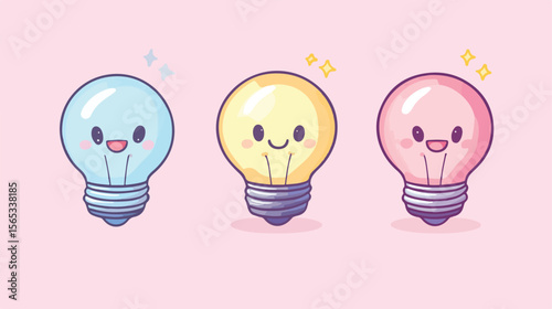 Cute Flat Vector Lightbulb Illustration in Kawaii Style