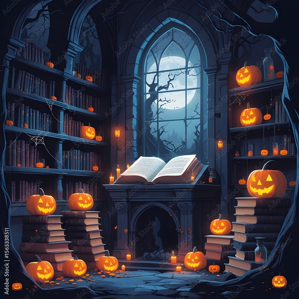 Obraz premium Haunted Indoor Halloween Scene with Old Books and Glowing Lights