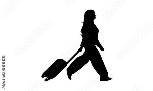 A simple, black silhouette of a woman walking with a suitcase.