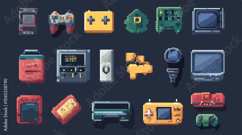 Bundle of 8 Bits Pixelated Style Icons Flat Vector Illustration